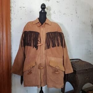 ADLER VINTAGE Women's Western Fringe Leather Coat Long Prairie Cowgirl Folk XL